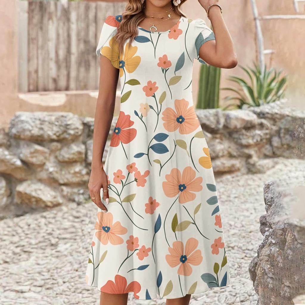 Women's Casual Fashion Round Neck Printed Short Sleeve Pocket Dress