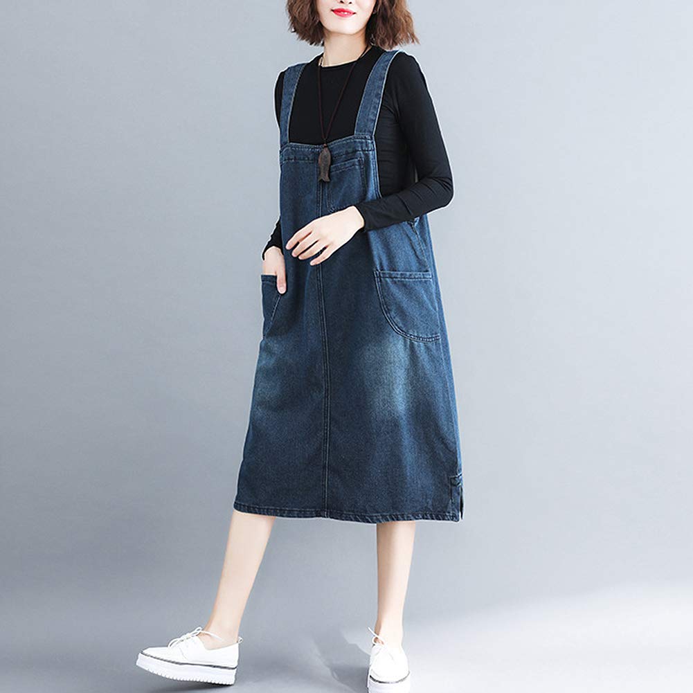 Anmida Denim Overalls Dress Relaxed Skirt, Fit, Stylish, Cute, Figure-Flattering, Pockets, Knee-Length, Spring/Summer
