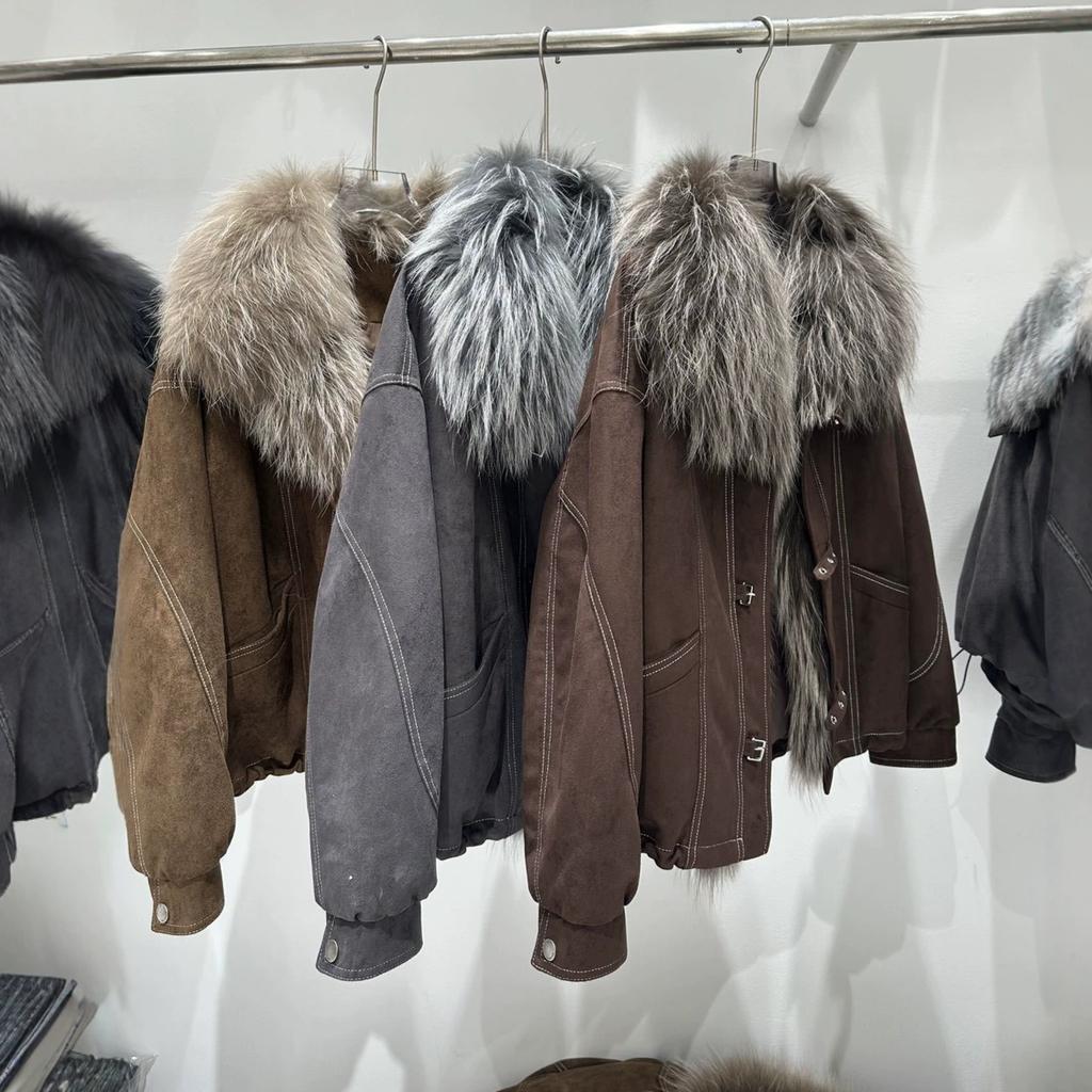 Winter new oversized natural real raccoon fur collar placket jacket women's retro versatile warm down jacket short