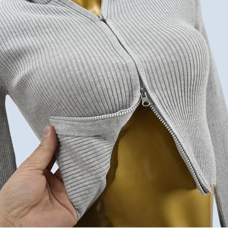 Export Yuan Single and Double Zipper Short Slim-Fit Knitted Cardigan Sweater Women's Spring and Autumn Stylish Trendy Long Sleeve Top