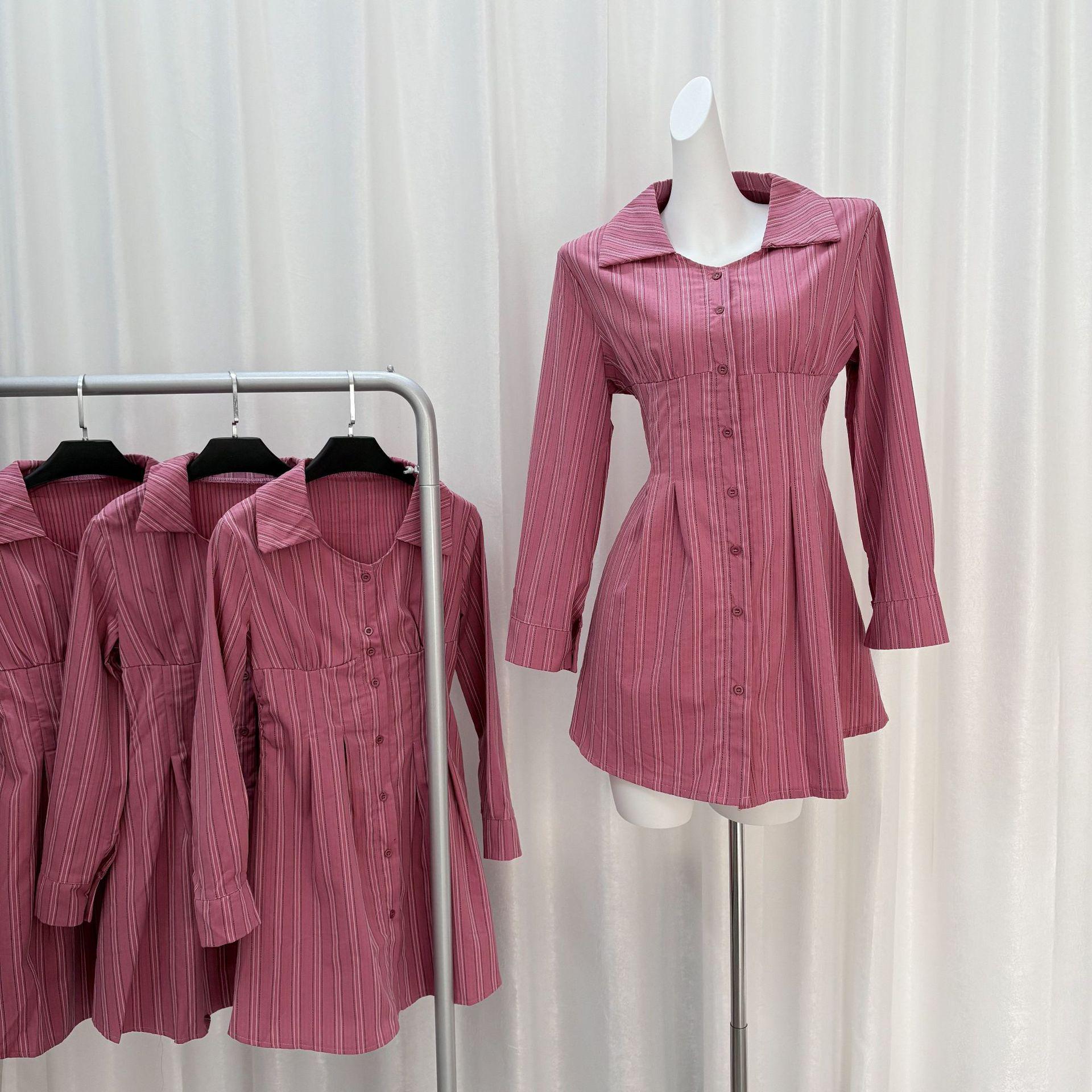 

Red Striped Retro Shirt Dress with Long Sleeves - Slim Waist Design for Autumn and Spring XL
