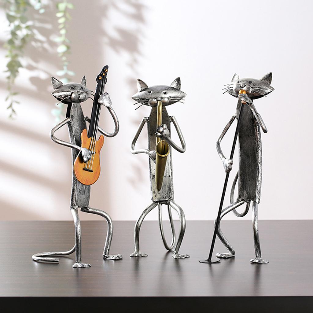 Three Little Cat Band Ornament Metal Music Desktop Decoration Originality Saxophone Guitar Gift Modern For Home