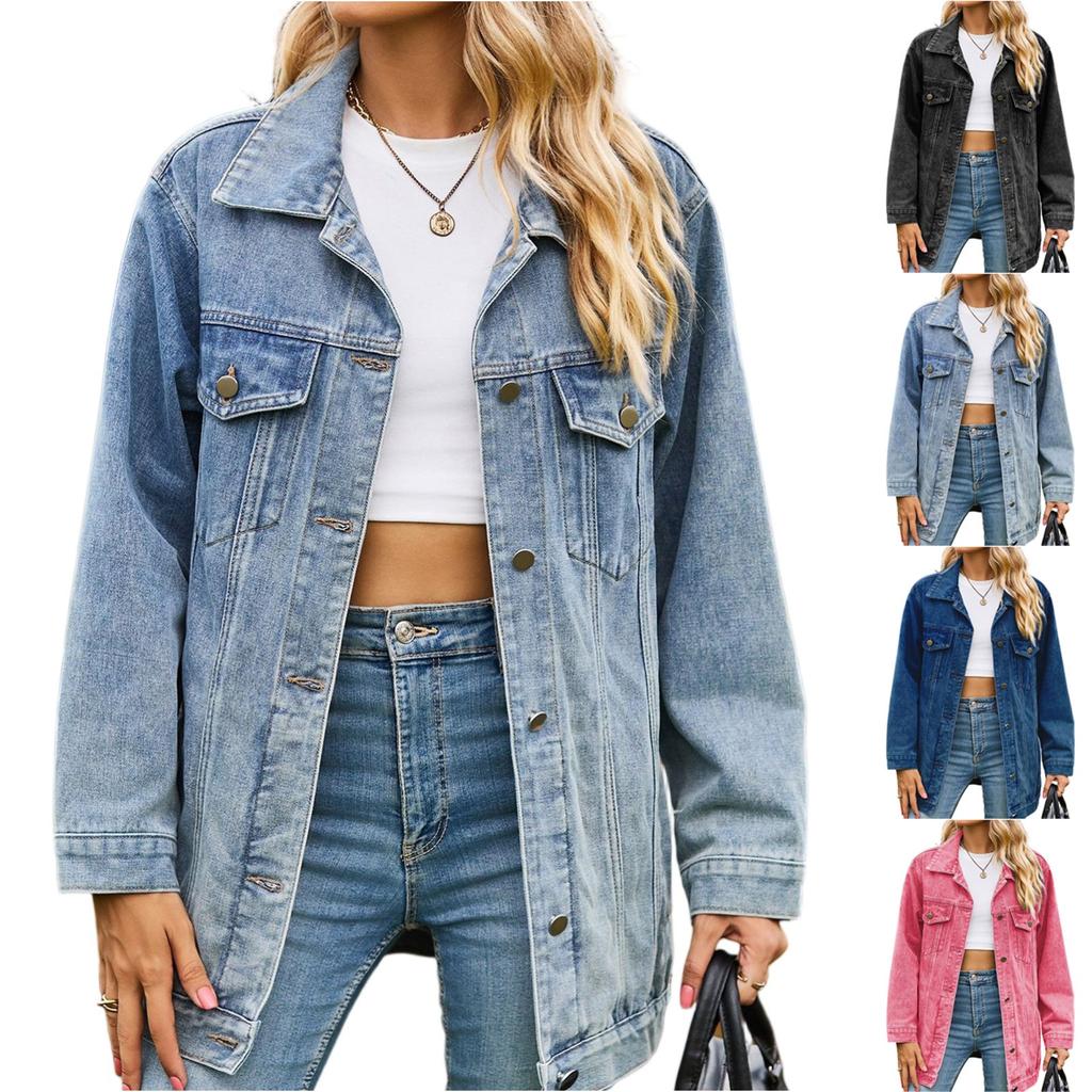 Women's Fashionable Versatile Classic Retro Solid Color Lapel Long Sleeved Pocket Loose Denim Jacket