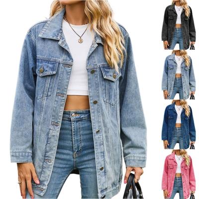 Women's Fashionable Versatile Classic Retro Solid Color Lapel Long Sleeved Pocket Loose Denim Jacket