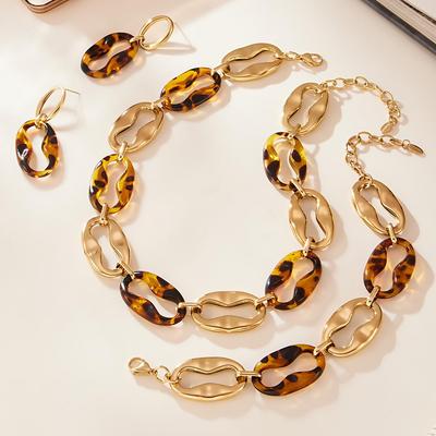 Set di Braccialetto, Orecchini e Collana con Naso di Maiale in Resina con Stampa Leopardo Qiong Yao