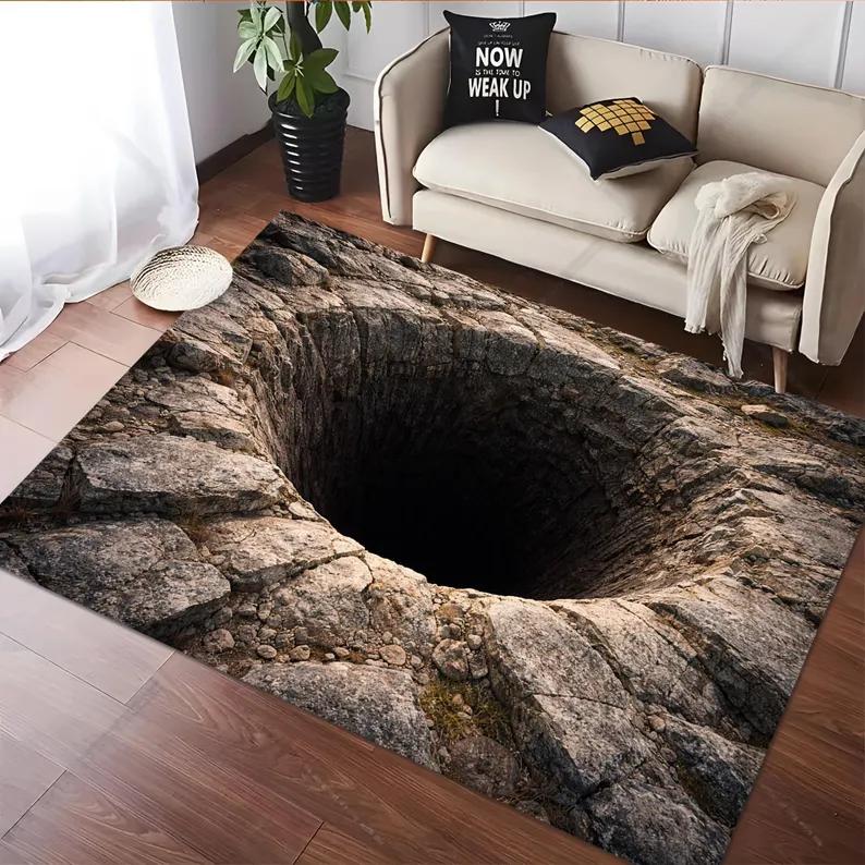 2D Ocean Cave Ladder Optical Illusion Area Rug Non-Slip Washable Bathroom Doormat Carpet Vortex Hole Entrance Entryway Floor Mat