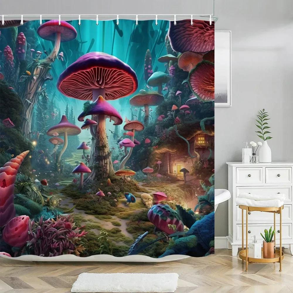 Fantasy Mushroom Shower Curtains Fairy Forest Tree Gothic Panel Jungle Green Zen River Bathroom Decor Shower Curtain With Hooks