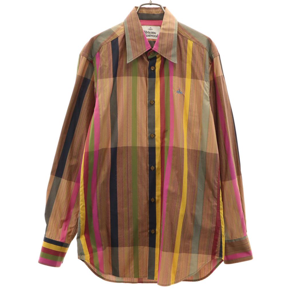 VIVIENNE WESTWOOD Striped Pattern Long Sleeve Cotton Shirt 48 Brown Men's Used