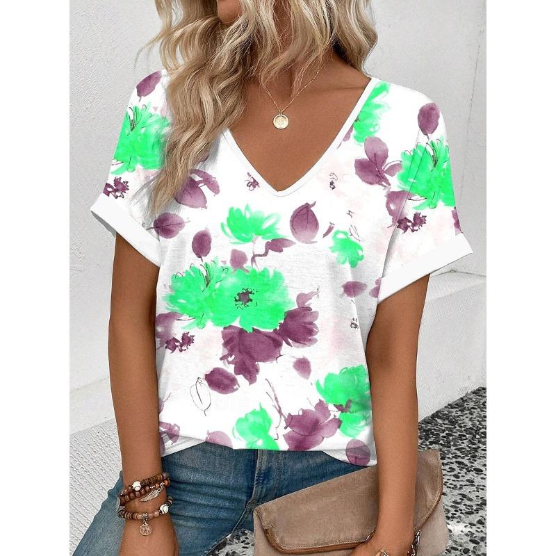 Chic Watercolor Flower Print Casual T Shirt V Neck Short Sleeve Tee For Women Summer Holiday Travel And Daily Outfits S