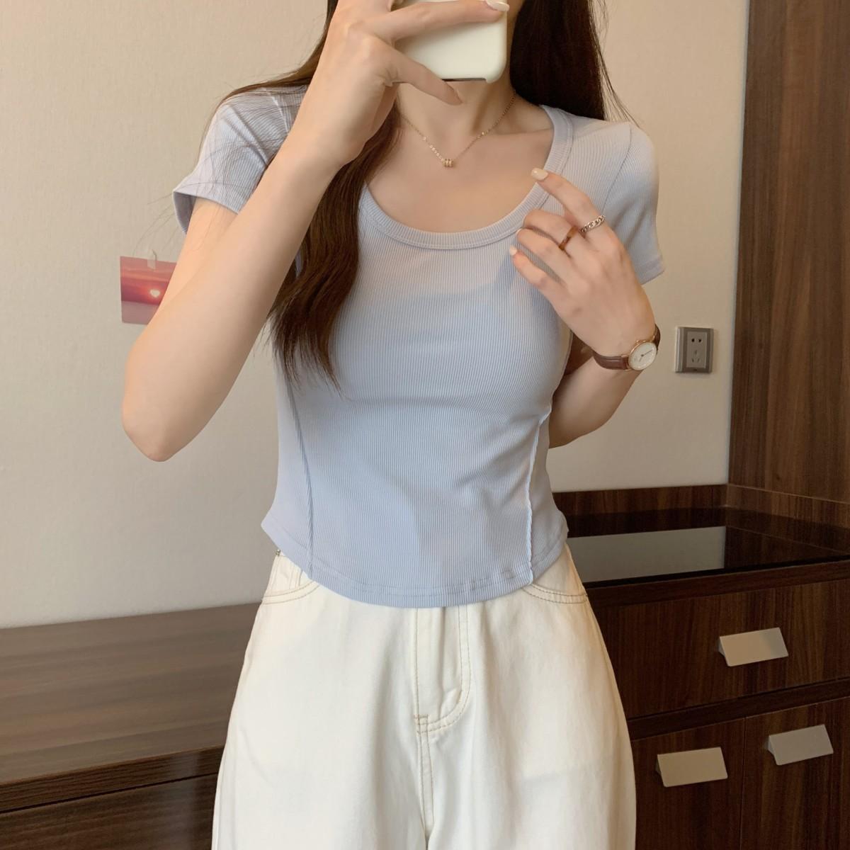 

Футболка с короткими рукавами и нестандартным U-образным вырезом, женская летняя новая корейская версия, облегающий крой, высокая талия, короткий однотонный топ для студентов XL синий