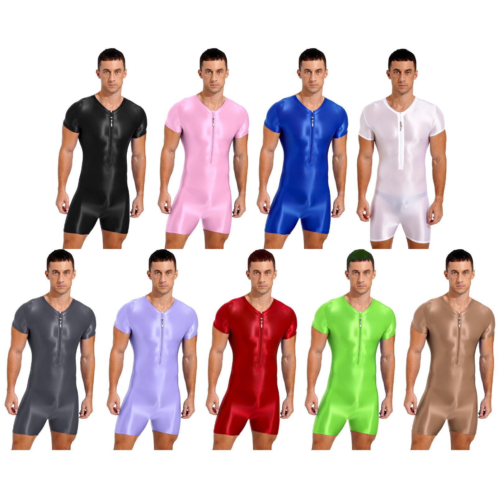 

Мужской блестящий цельный купальник на молнии, спортивный комбинезон с коротким рукавом, боди с круглым вырезом, купальники