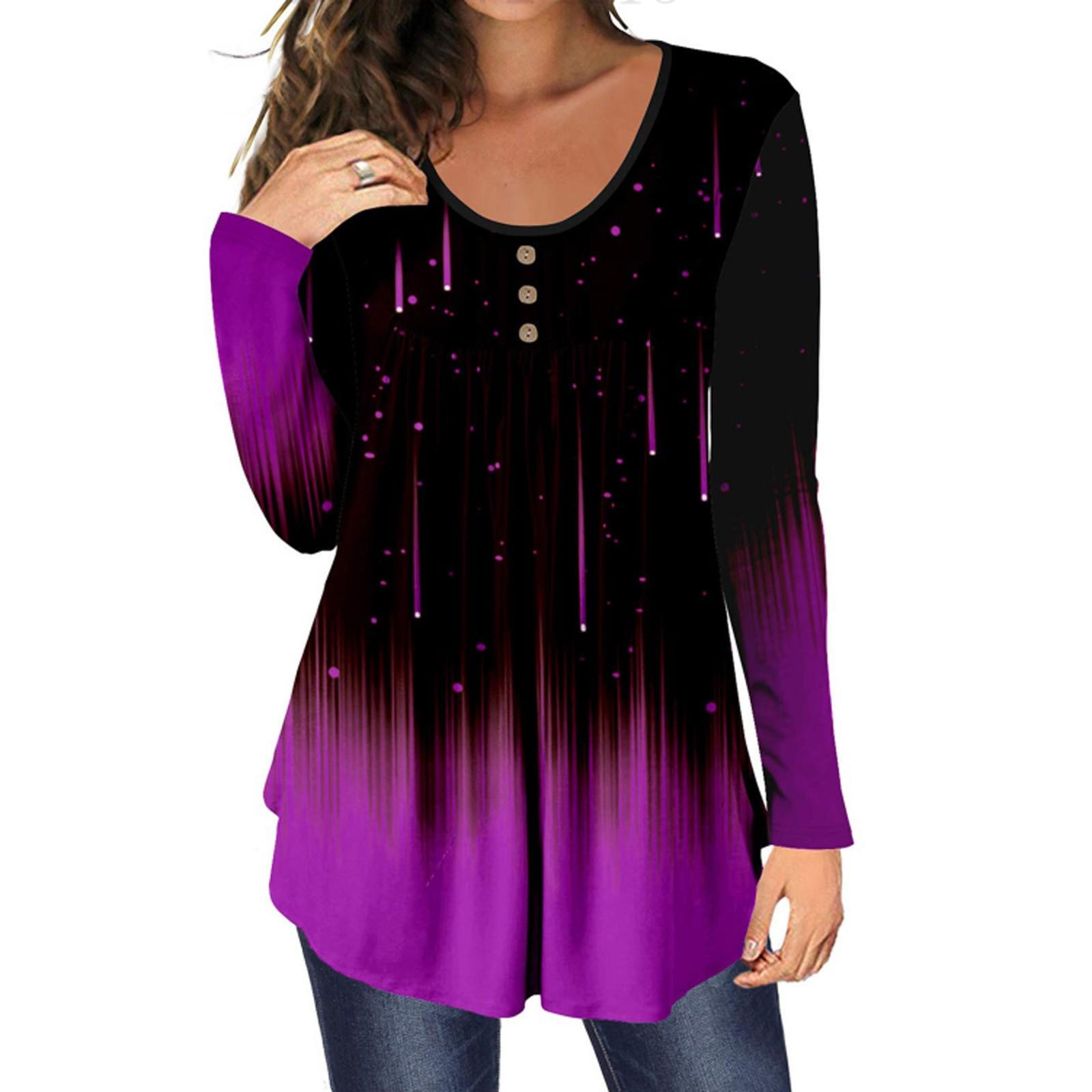 Fashion Women s T-shirts Casual O-neck Long Sleeve Buttons Printing Tops XXL фиолетовый