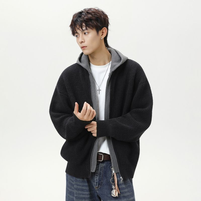 Wassup Fake Two-Piece Cardigan Hooded Sweater Chinese Trendy Brand Autumn and Winter Loose Retro Knit Sweater Zipper Jacket for Men