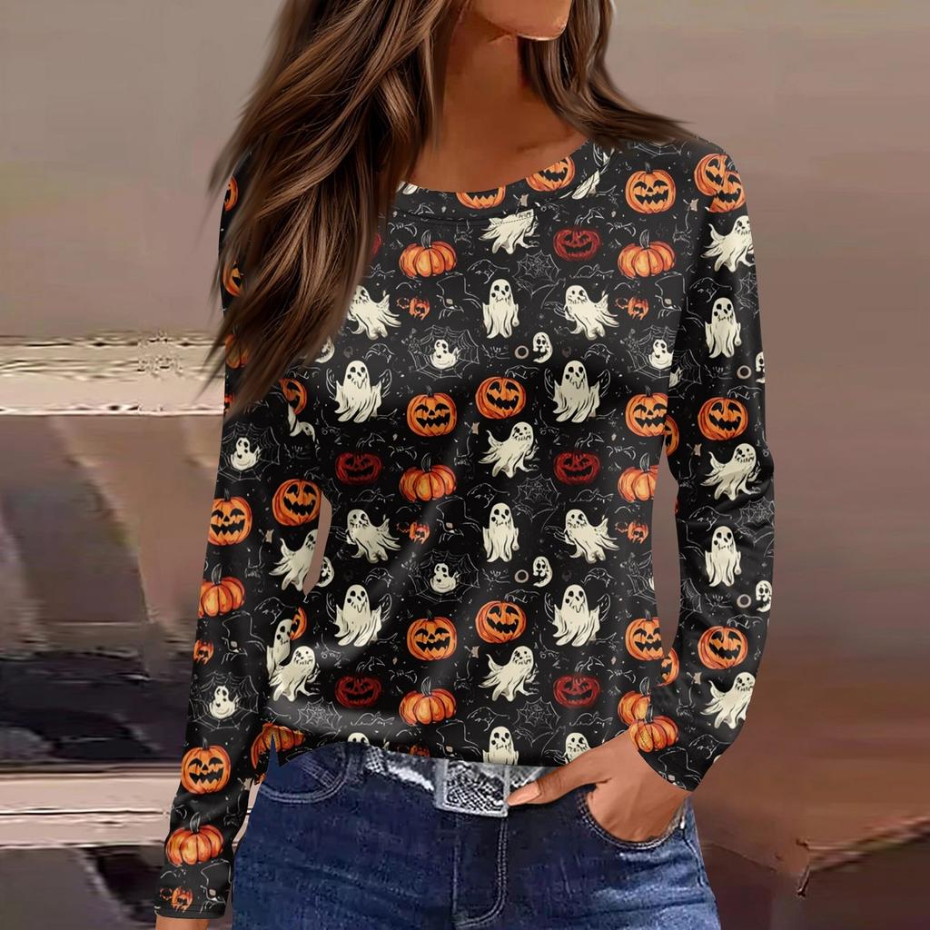 Women's Fashion Casual LongSleeve Print Round Neck Pullover Top Blouse