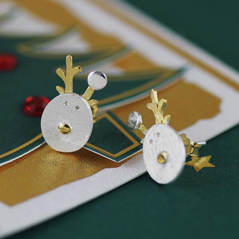 Gold Plated Cute Reindeer Stud Earrings for Women - Festive and Simple Christmas Antler Design.