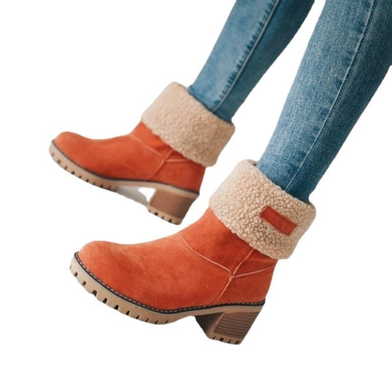 New autumn and winter medium tube thick heel turned hair snow boots size large size cotton shoes