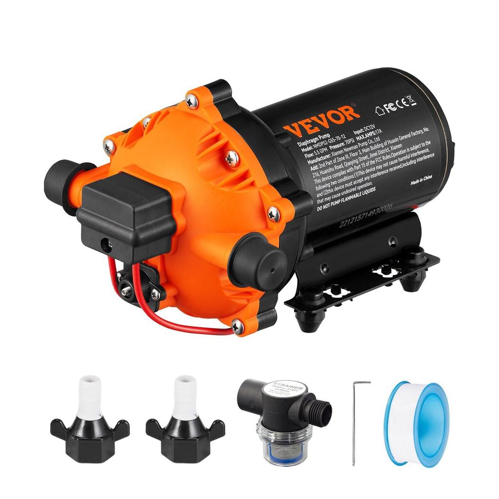 Water Diaphragm Pump, 12V DC, 5.5 GPM Flow, 70 PSI Rated Pressure (40-100 PSI Adjustable), 1/2" MNPT Self Priming Sprayer Pump with Pressure Switch