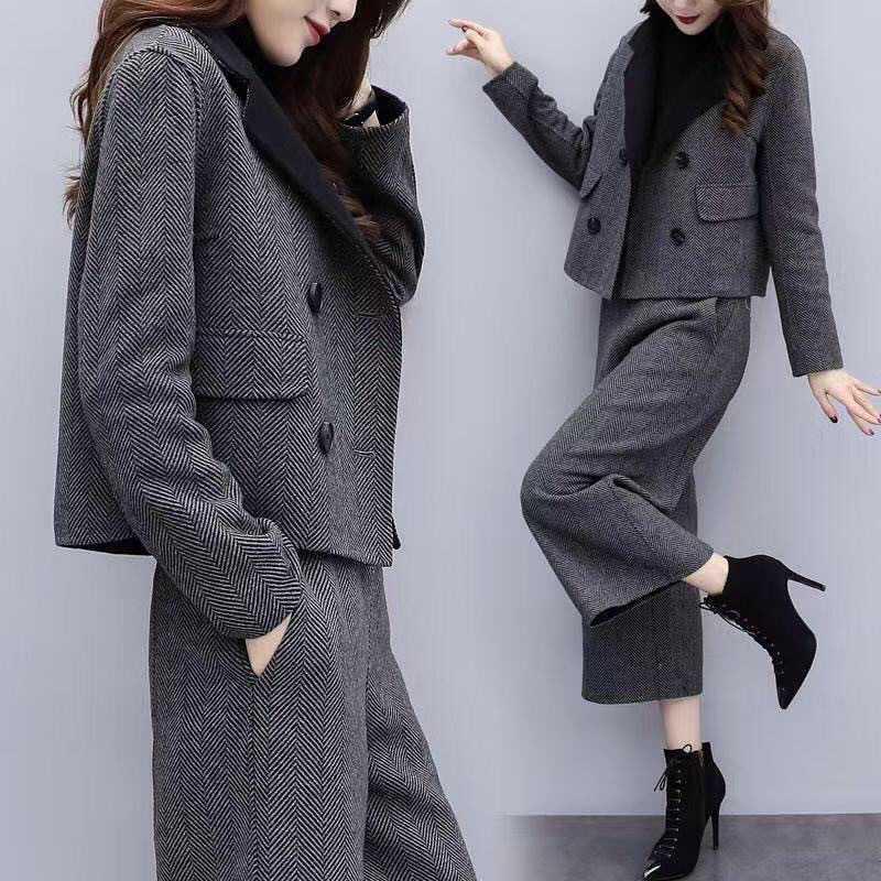 2025 Autumn/Winter Women's Herringbone Wool Coat & Wide-Leg Pants Set