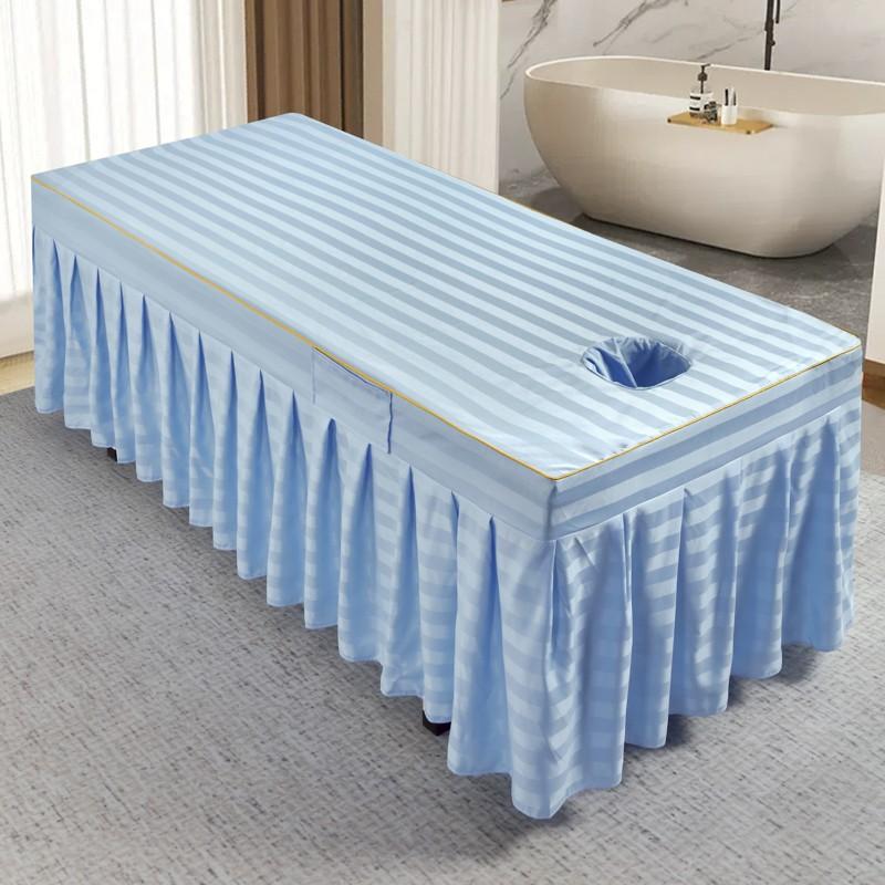 Pruhovaný potah na lehátko do kosmetického salonu s otvorem pro obličej Prodyšný potah na lehátko Napínací sukně na masážní stůl pro kosmetický salon Masážní SPA