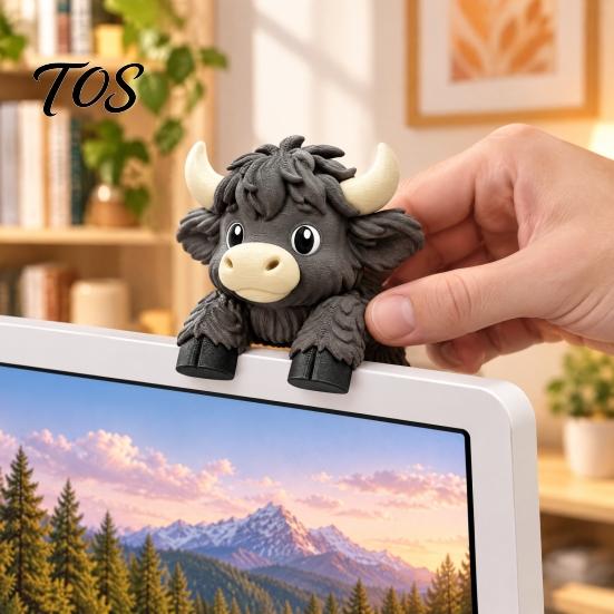 Office Desk Decoration for Women Cute Highland Cow Monitor Figurine, 3D Printed Animal Sitting on Accessories Computer Screen Edge Ornament,