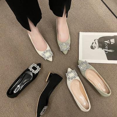 Moda 2024 Nowe Czółenka na Grubym Obcasie Eleganckie Buty Ślubne Eleganckie Niskie Obcasy Komfortowe Buty Do Pracy w Biurze Z Kryształkami Sprzączka Punkt Nosek