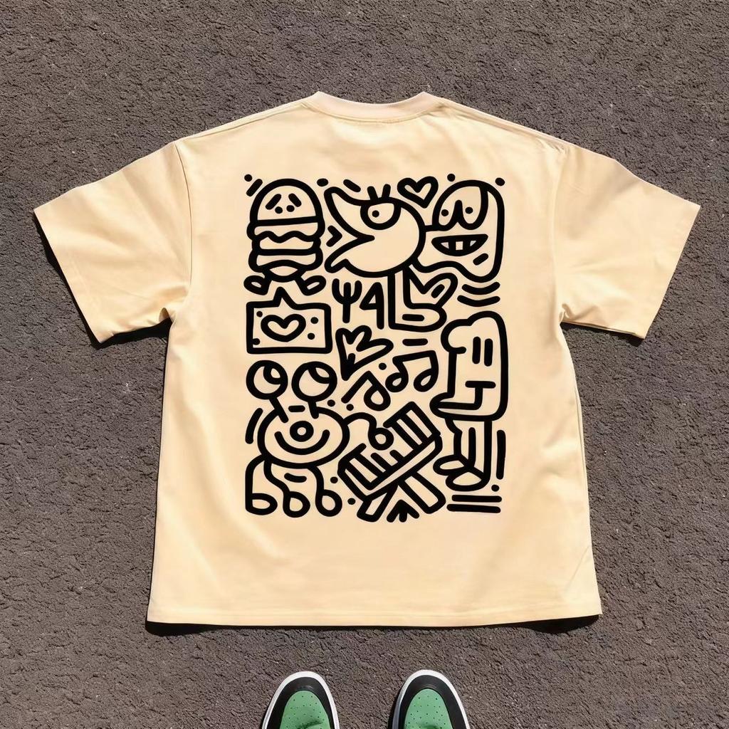 2025 Autumn Cotton Short Sleeve T-Shirts Fashion Cute Cartoon Print Round Neck Breathable for Oversized Casual Loose Unisex Top