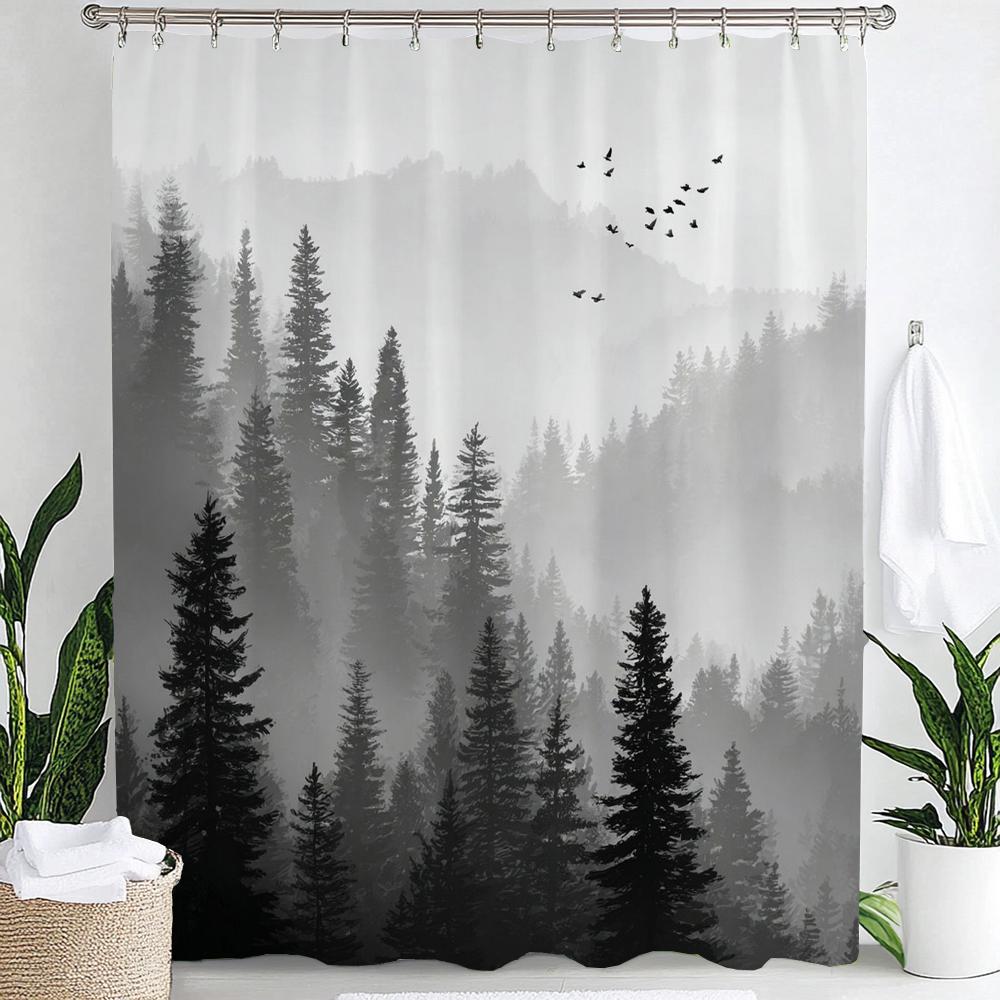 Misty Mountain Shower Curtain: Embrace the Serene Design, Soft Fabric, Natural Landscape Bathroom Decorative Curtain With Hooks