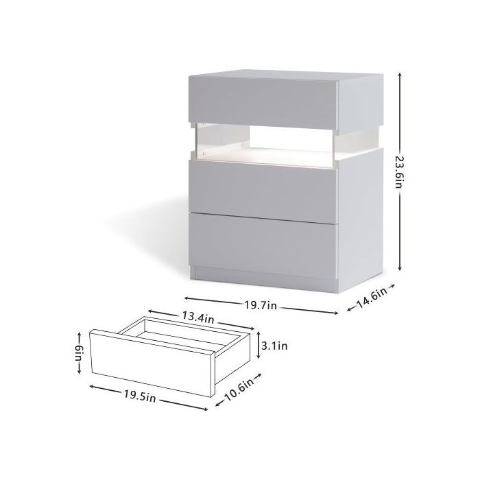 Table de chevet LED - MUVOE - 3 tiroirs - Panneau acrylique - Éclairage multicolore - Blanc