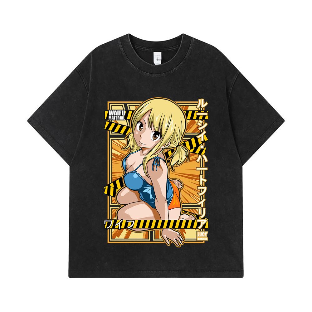 275 GSM Washed T-shirts 100% Cotton Fairy Tail V1 Lucy Waifu Print Unisex Heavy Cotton T Shirt