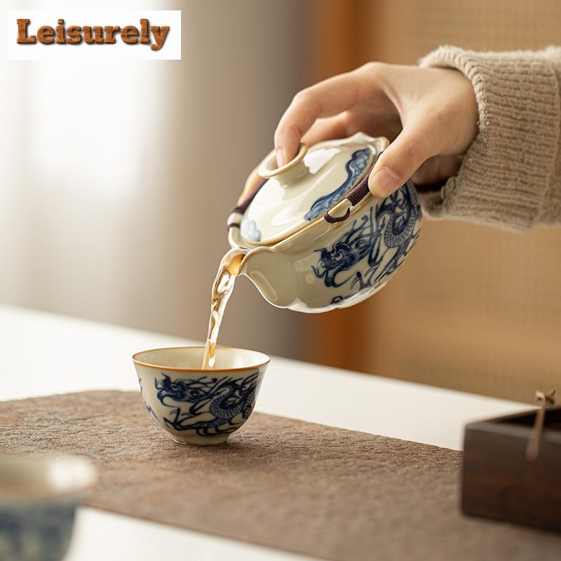 Estetyczny Beżowy Porcelanowy Czajnik z Pieca Ru Wzór Niebiesko-Białego Smoka Czajniczek Xishi Czajnik do Herbaty Gaiwan Rzemiosło Ceremonii Herbaty