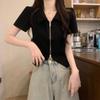 Design Temperament POLO Neck Zipper Knitted Cardigan Women's Summer Sweet and Spicy Style Short-sleeved T-shirt Slim Top Ins