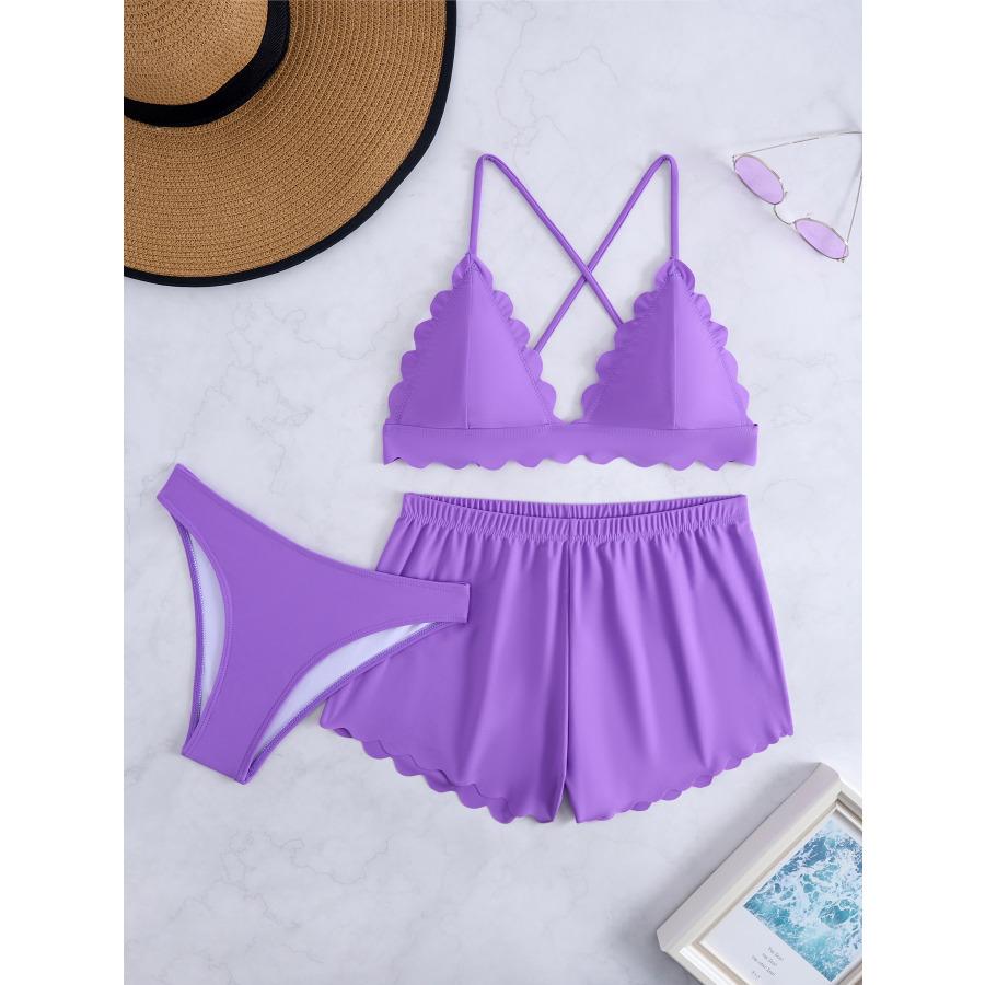Women's 3 Piece Swimsuit Set Sexy Tie Side Bikini with Skirt Cover Up, Solid Color Swimwear for Summer Beach Vacation 0963