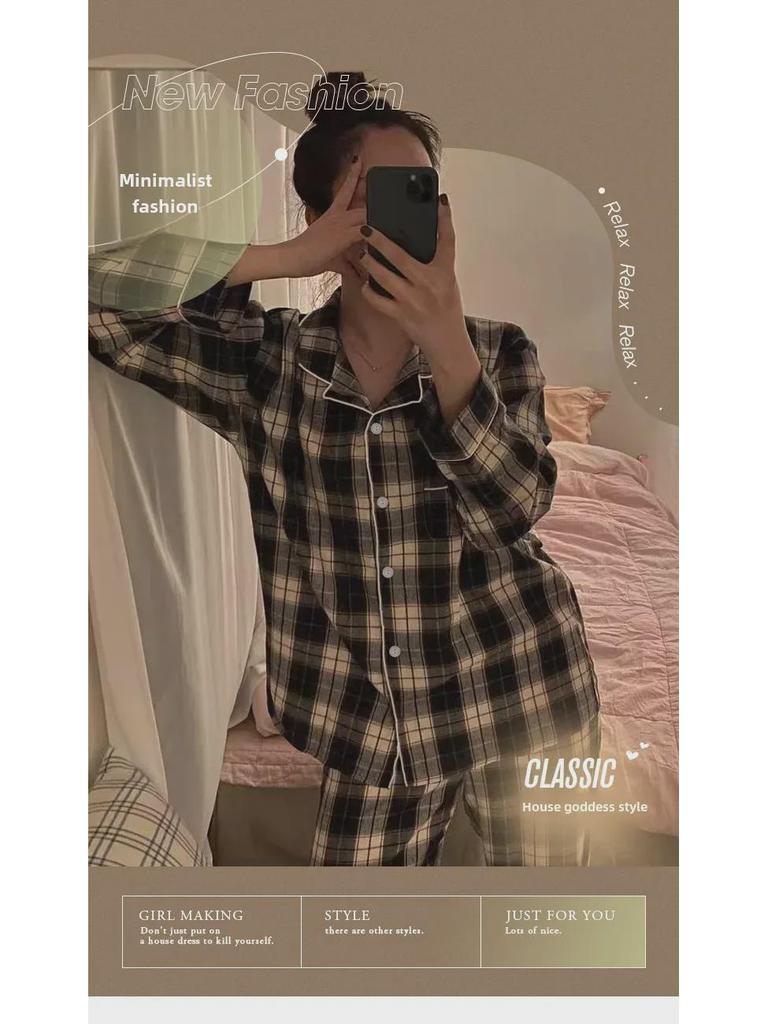 Damski jesienny komplet piżamowy w kratkę: Luźny, wygodny, cienki styl, kardigan z klapami, dwuczęściowy do domu