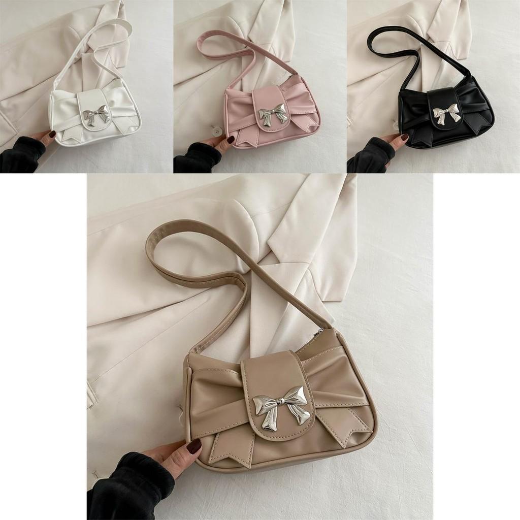 Stylish Modern Bowknot Chain Mini Shoulder Handbag For Women In Black White Pink Khaki Silver Brown