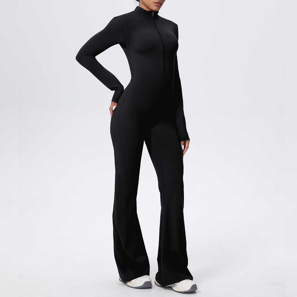 Zipper nude long-sleeved yoga flared pants onesie women's running fitness clothes sports trend onesie tights