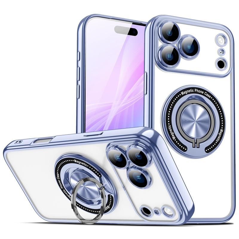 

Luxury Plating Clear For Magsafe Bracket Case For iPhone 17 16 15 14 13 12 11 Pro Max Plus Magnetic Ring Stand Holder Back Cover небесно-голубой