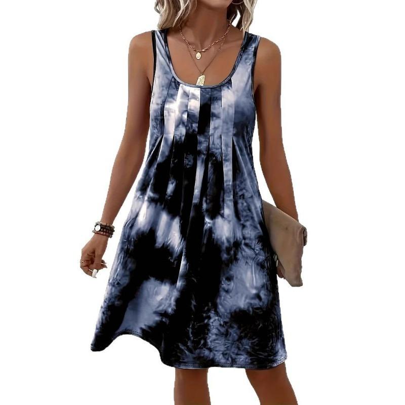Nuovo Vestito Moda Senza Maniche Tie Dye Stampato Primavera/Estate Ampio Pieghettato Elegante A-line Corto da Festa Casual Semplice Vestito Estivo