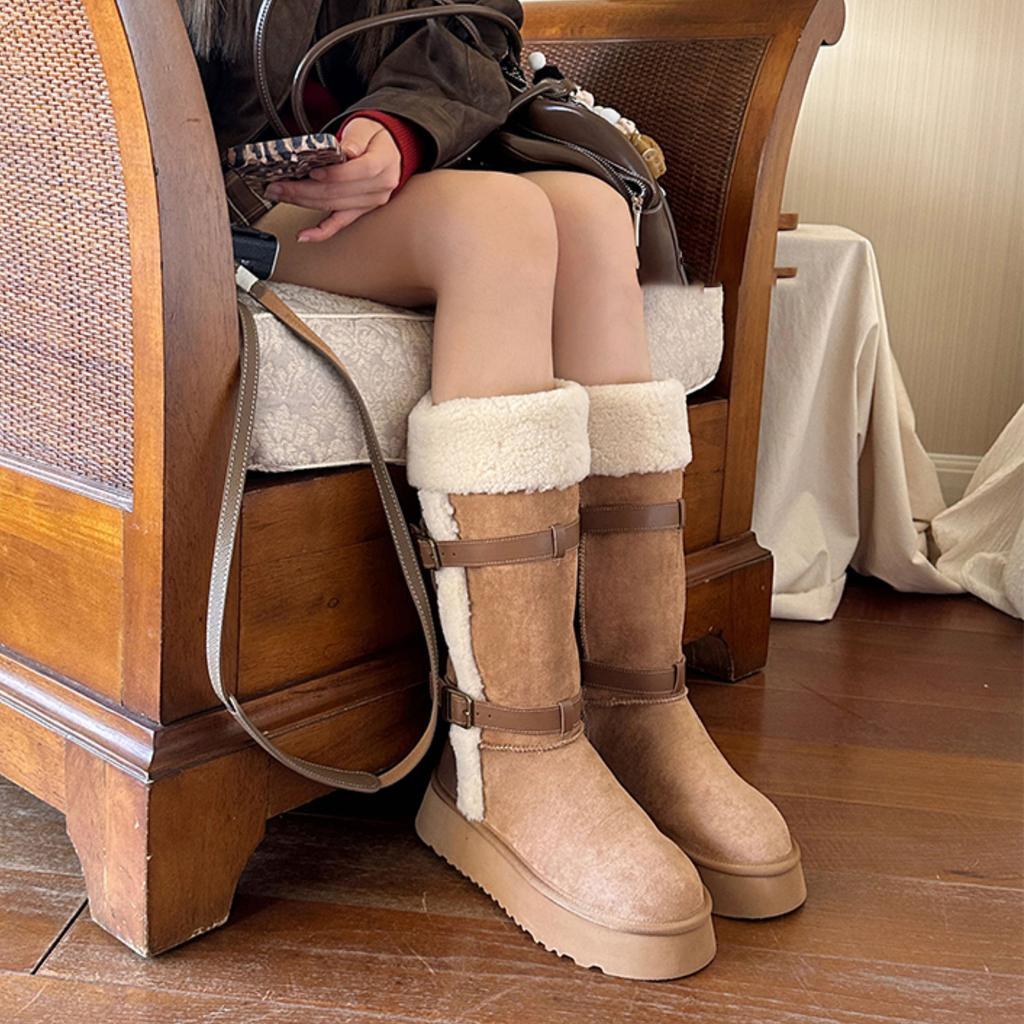 Belt Buckle Thick-soled Snow Boots Women's 2025 New Winter Non-slip Lamb Wool Piled Thickened Tall Snow Cotton