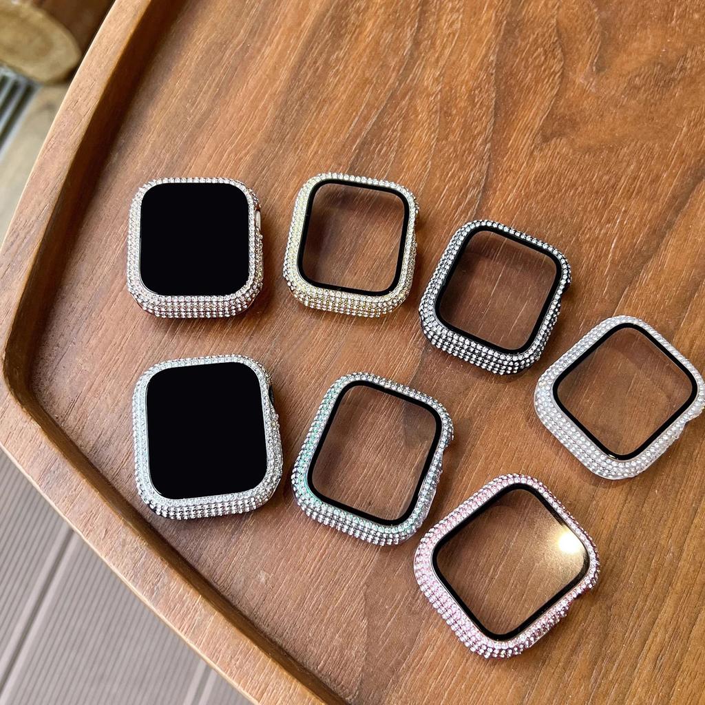 1pc Rhinestone Decor Tempered Glass Screen Protector Watch Case For Apple Watch 38/40/41/42/44/45Mm,Series SE/9/8/7/6/5/4/3/2/1