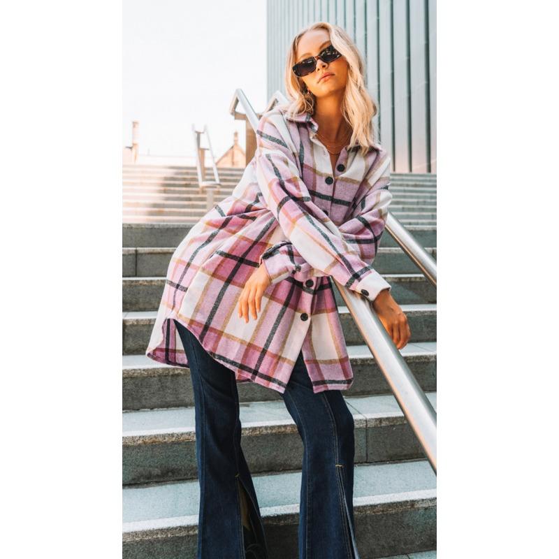 

Весна Осень Женские Топы Плюс Размер Клетчатая Рубашка Нестандартная Куртка 3XL розовый