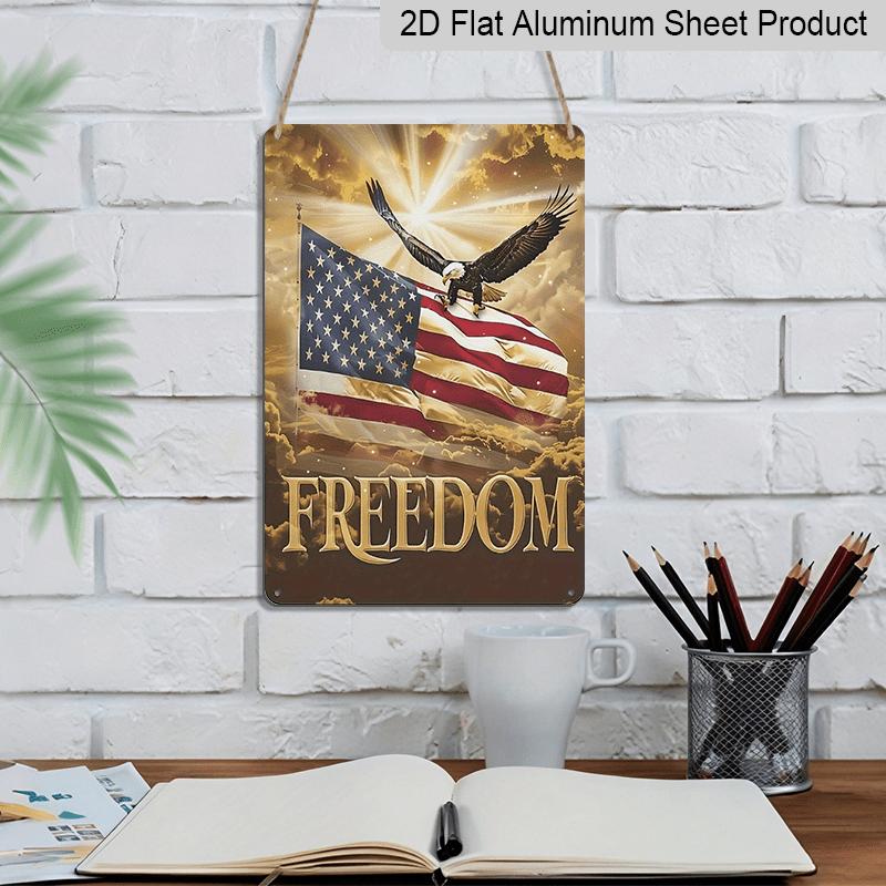 2D Flat 1pc Vintage Bald Eagle & American Flag Metal Sign - Patriotic "FREEDOM" Wall Decor with Stars & Stripes Design, Rustic Aluminium Wall Art for