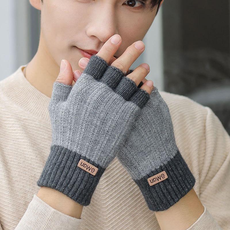 Autumn and Winter Thickened Half-finger Gloves, Men's Cold Protection and Warmth, Students' Knitted Wool, Finger-exposed Cycling, Velvet Writing