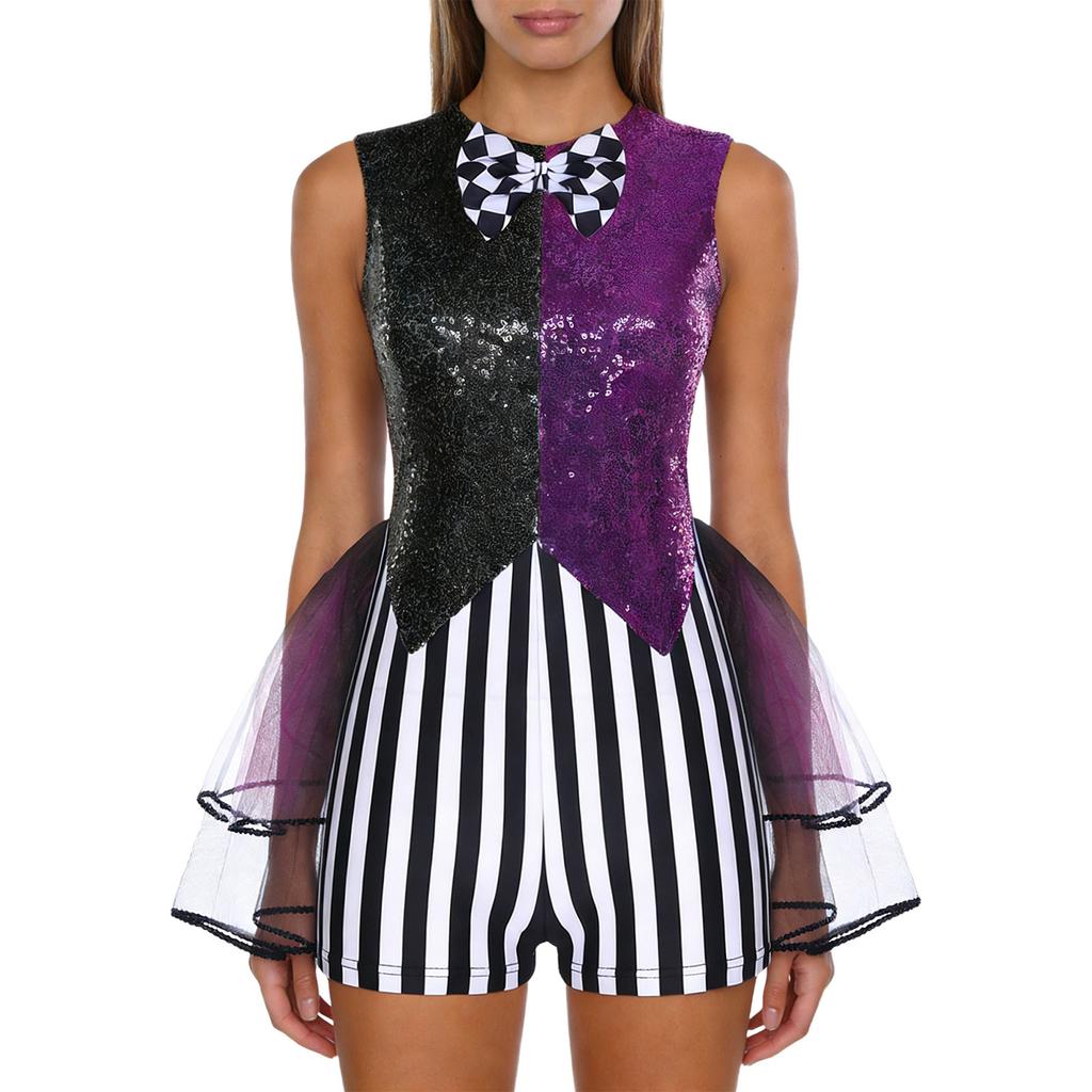 S-3XL Women’s Halloween Jumpsuit: Color Blocking Sequin & Striped Patchwork Checker Bowtie Tiered Tulle Hem Cutout Rompers Mad Costume