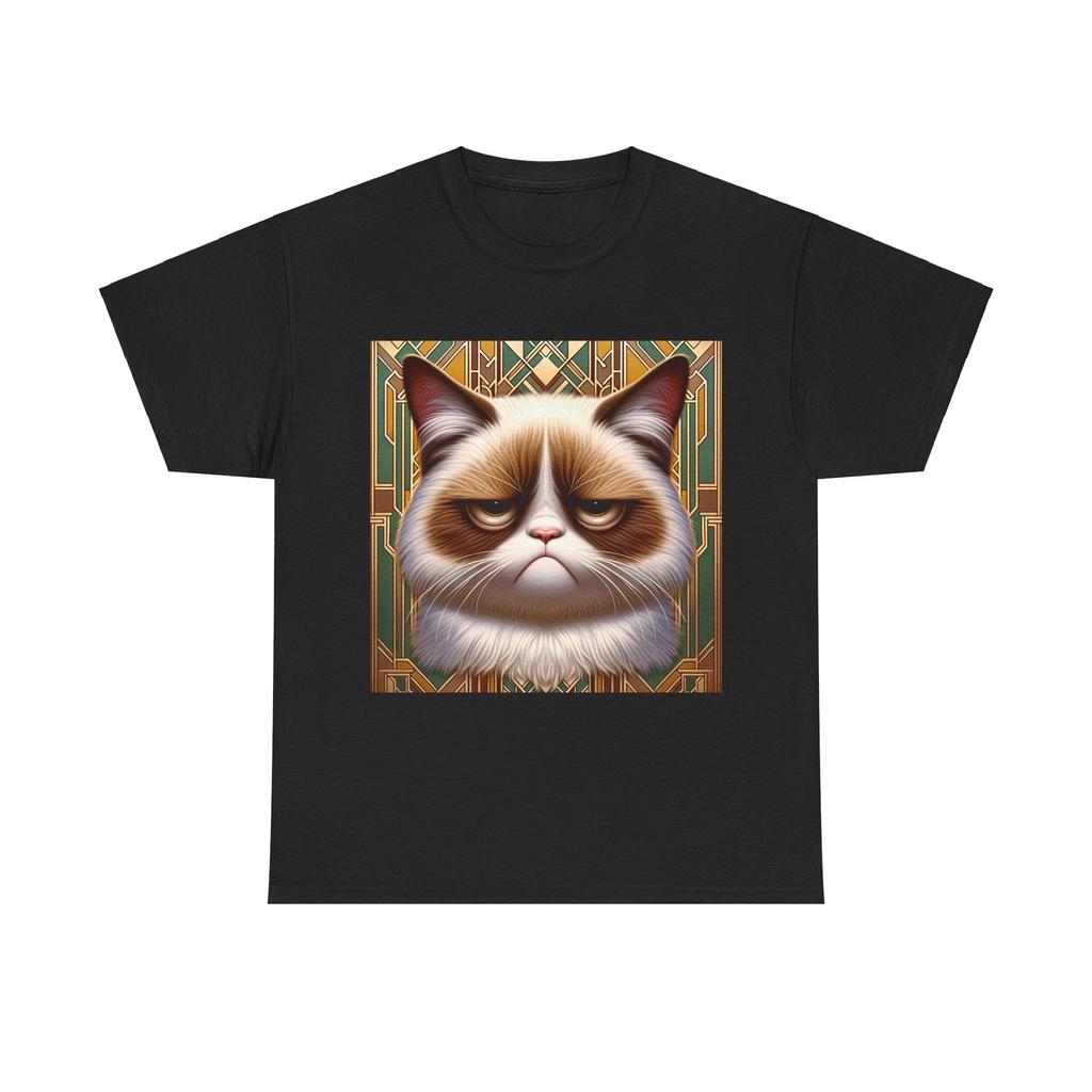 Unisex Adult T Shirt Grumpy Cat with Art Deco Background Design Funny Quirky Tee