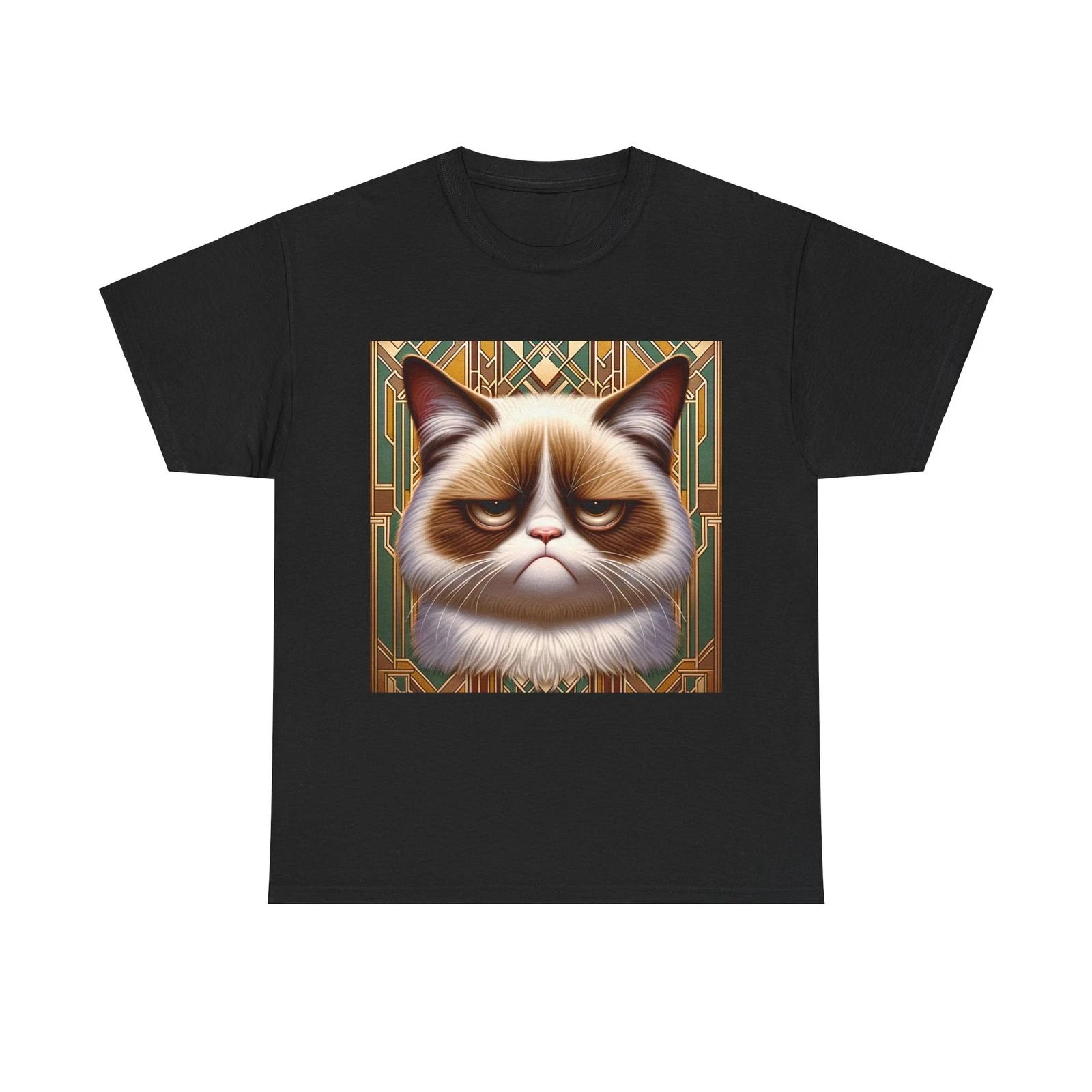 Unisex Adult T Shirt Grumpy Cat with Art Deco Background Design Funny Quirky Tee L