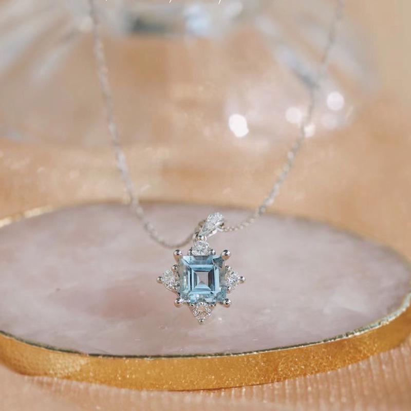 S925 Sterling Silver Aquamarine & Topaz Necklace - Four-Prong Clavicle Chain with French Style for Women, 2021 Design
