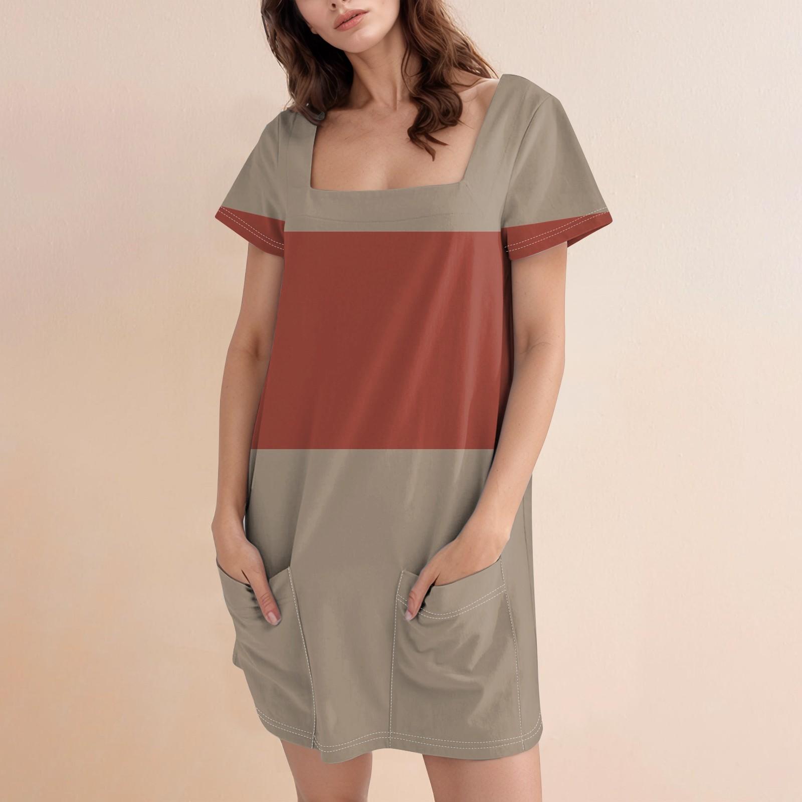 

Женское модное повседневное платье с квадратным вырезом и коротким рукавом L хаки