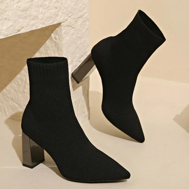 

Женские высокие каблуки, ботильоны, носки, вязаные туфли с острым носком, туфли-лодочки Челси, ботинки 2025 года, зимние новые дизайнерские массивные ботинки Zapatos Mujeres 34 чёрный