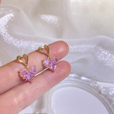 Fashion Vintage Exquisite Zircon Pink Love Heart Earrings For Women  New Elegant Sweet Earring Trend Jewelry Party Gift