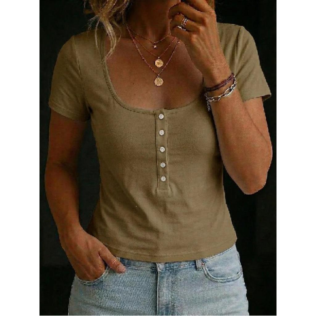 Summer Women's Solid Crop Top, Buttoned Square Neck Slim Fit Casual T-Shirt, Y2K Streetwear